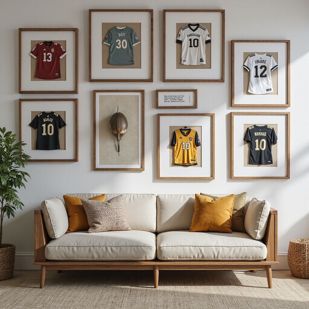 Cozy living room with framed soccer jerseys above a beige sofa and mustard accent pillows.