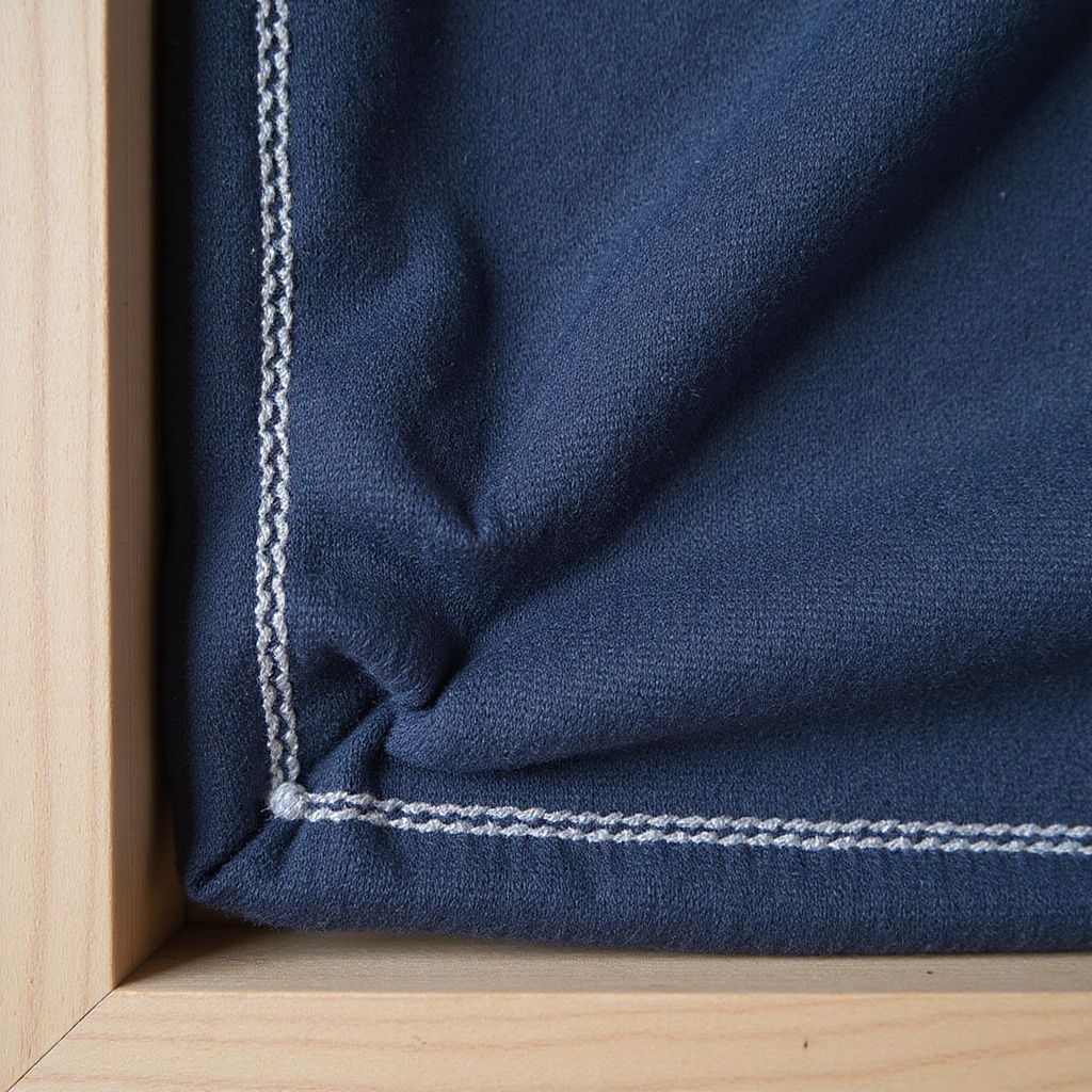 Folded navy fabric with white stitching inside a light wood frame
