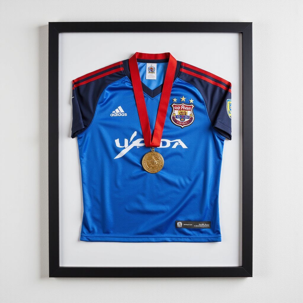 Framed blue soccer jersey with a gold medal hanging on it against a white wall