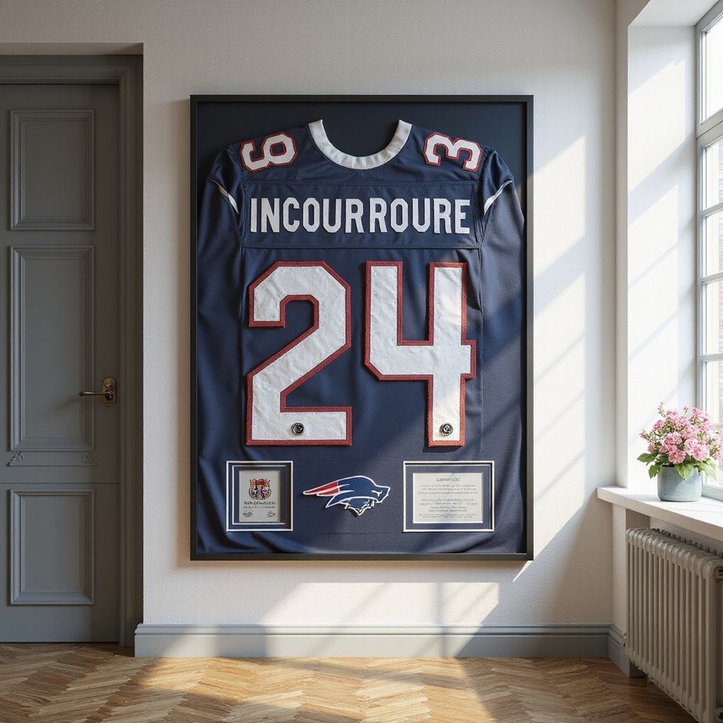Framed navy football jersey with number 24 and name “INCOURROURE” displayed on a wall indoors