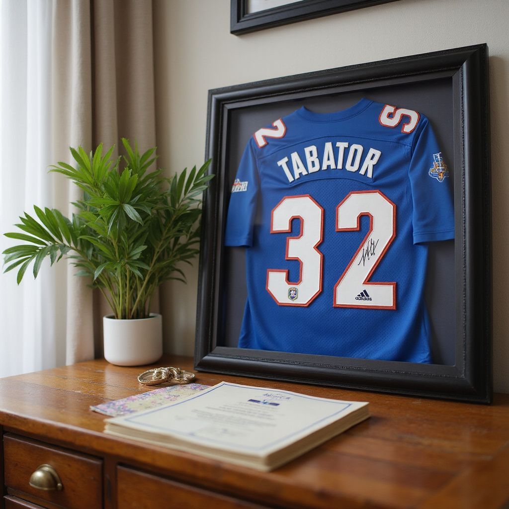 Framed blue Tabator #32 jersey displayed on a wooden table beside a potted plant and certificate.