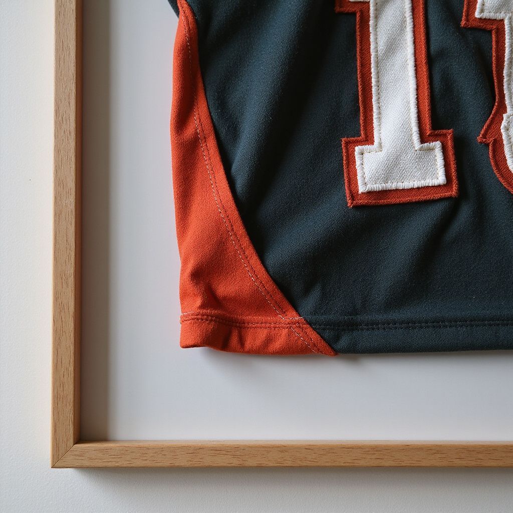 Framed black and red sports jersey with a white number, shown in a light wood frame.