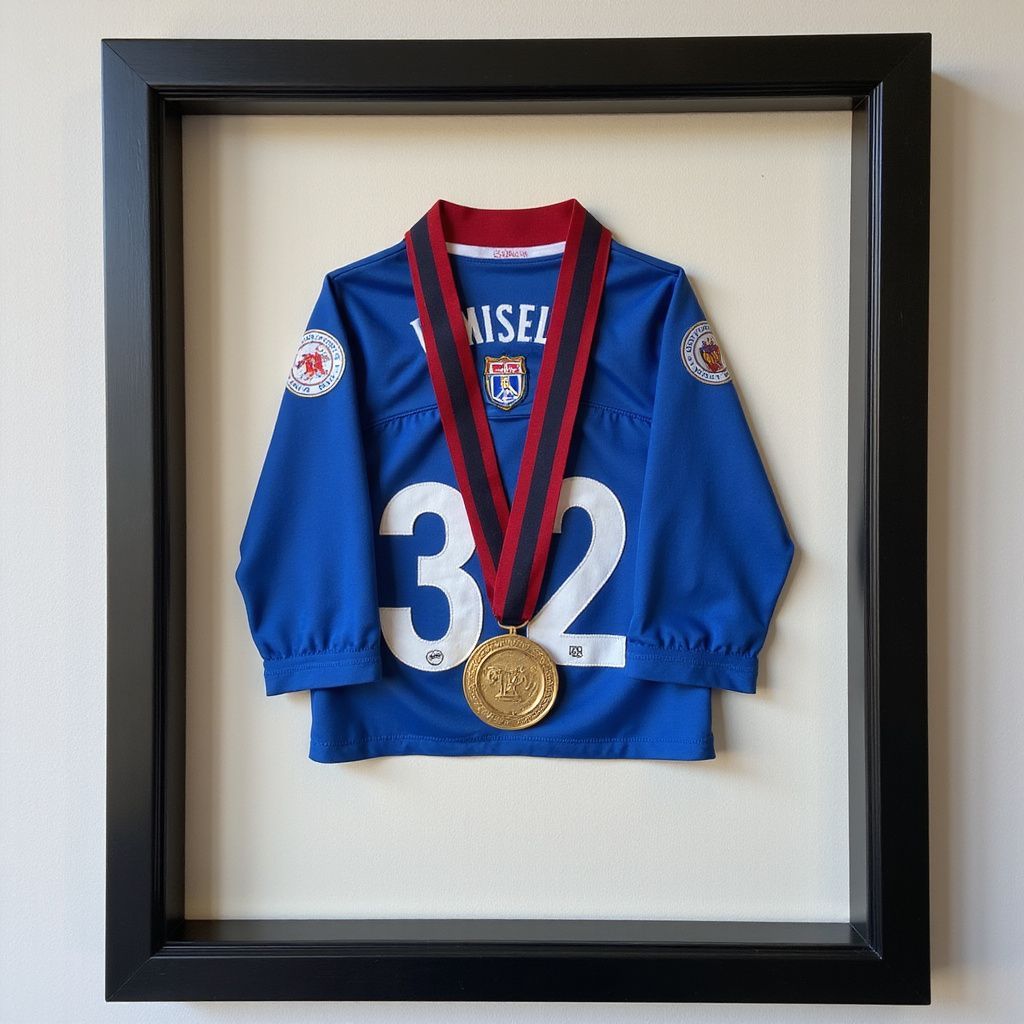 Blue hockey jersey with medal, framed in black shadow box