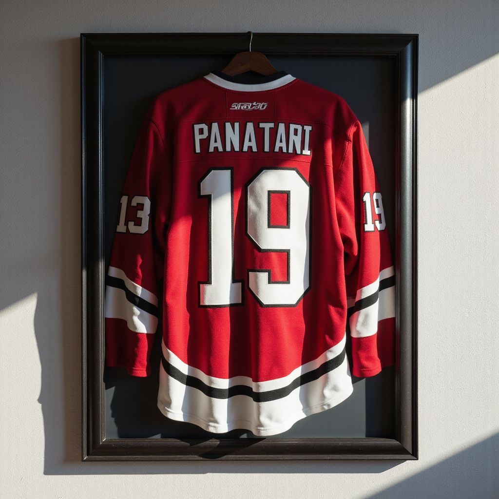 Framed red hockey jersey with the name PANATARI and number 19 on the wall