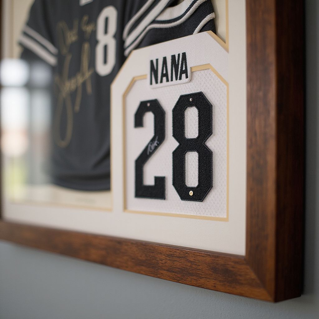 Framed sports jersey with “NANA” and number 28 on a wall, shown in a wooden frame
