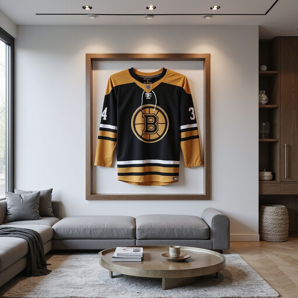 Framed black and gold Boston Bruins jersey displayed above a gray sofa in a modern living room