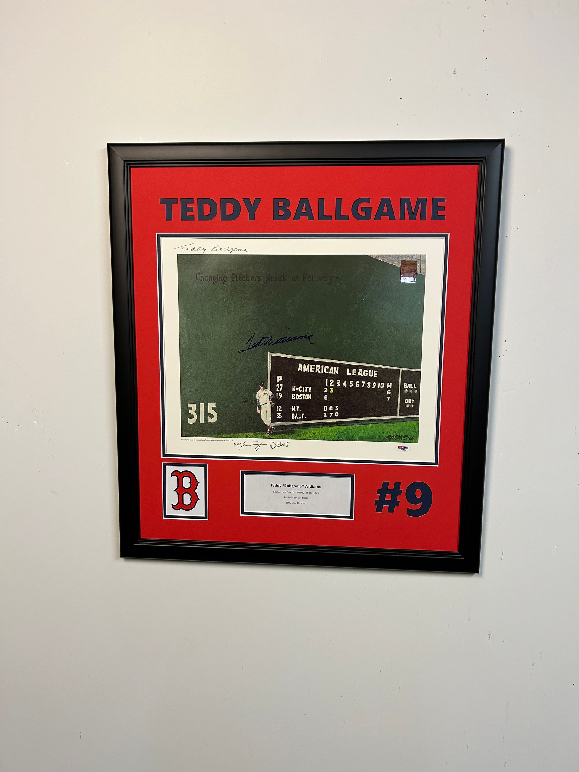 Framed red Teddy Ballgame sports print with a baseball field image and 