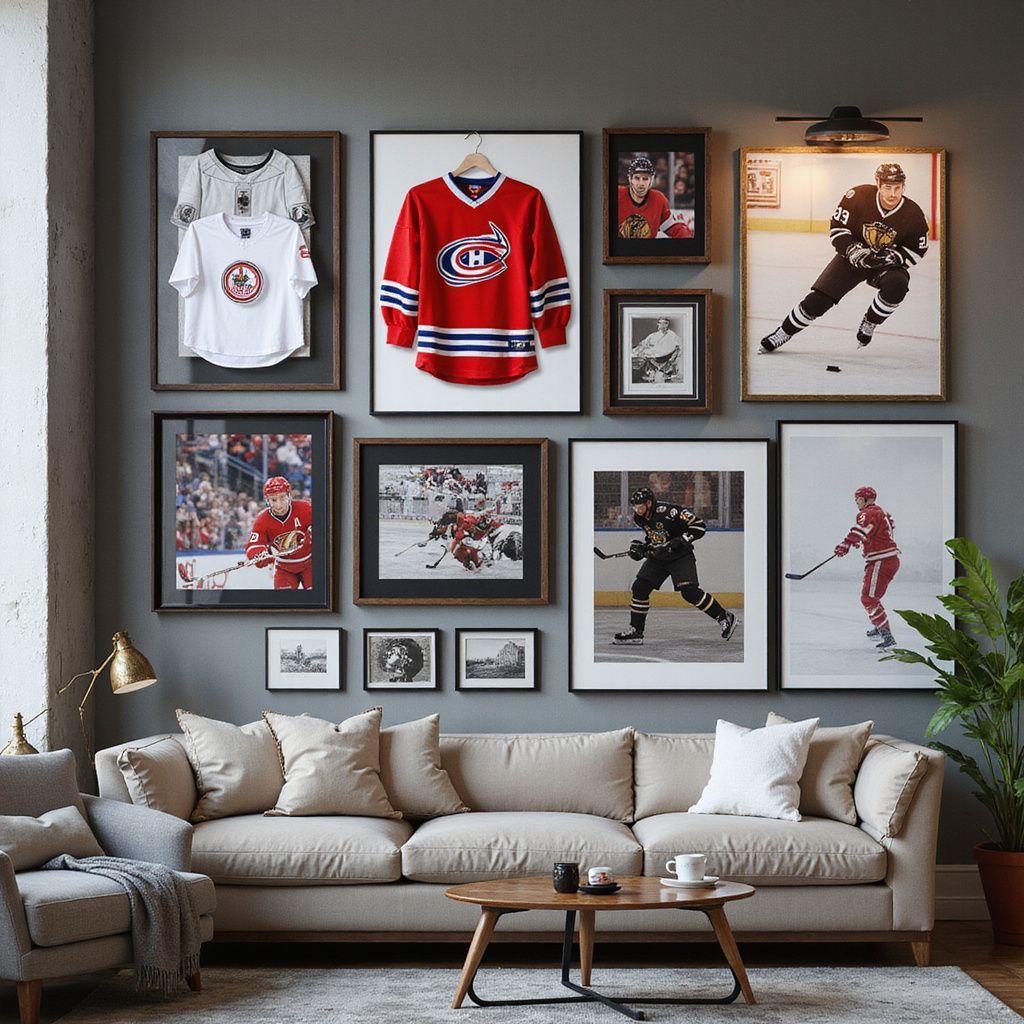 Sports-themed living room with framed hockey jerseys, action photos, and a beige sofa with pillows