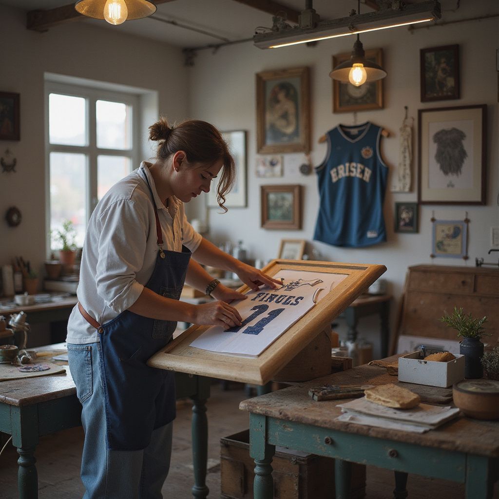Artist framing a print in a cozy studio with framed artworks and tools on the walls.