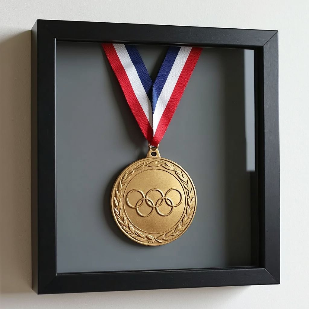 Gold Olympic medal with red, white, and blue ribbon mounted in a black display frame
