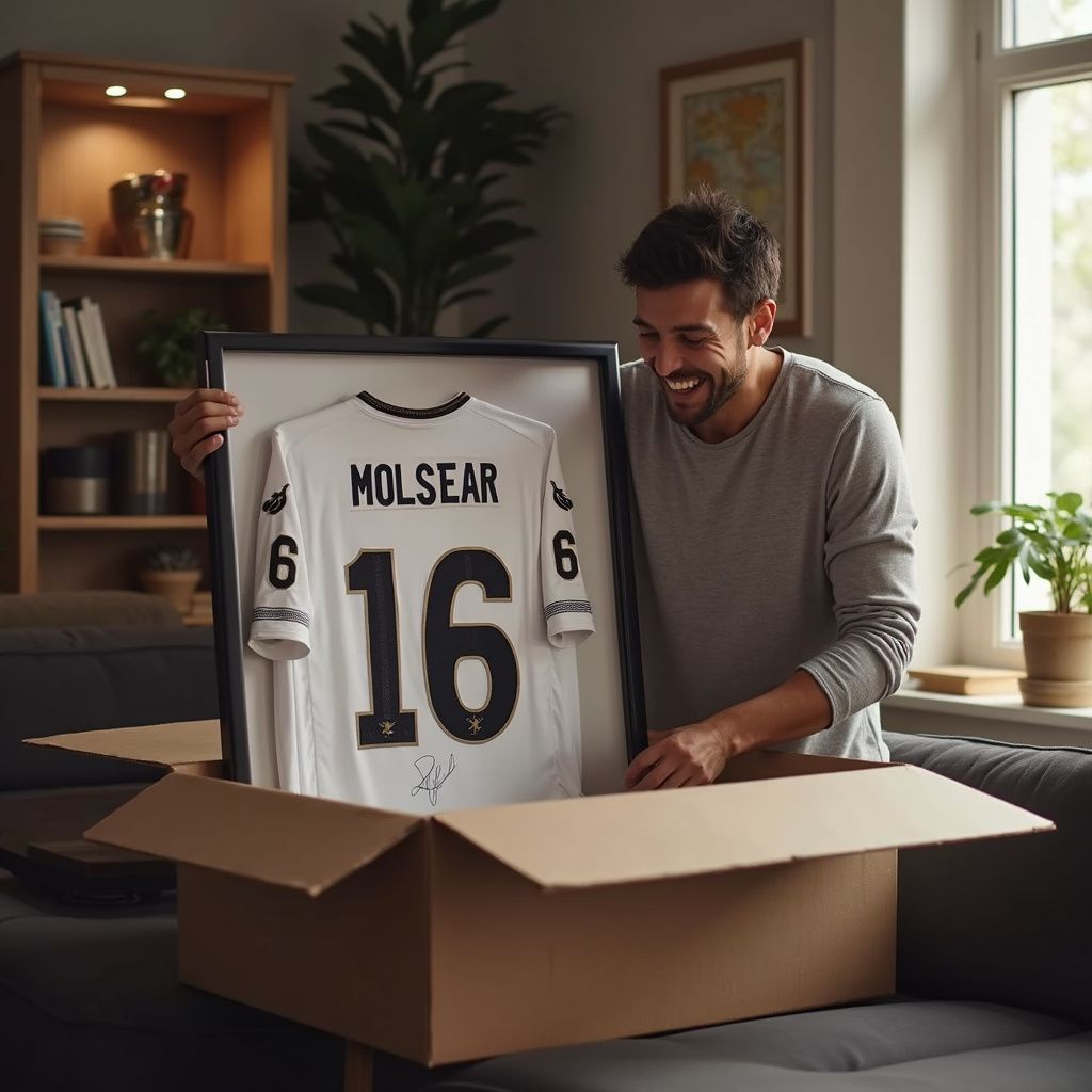 Man unboxing a framed white jersey with “MOLSEAR” and number 16 in a cozy living room