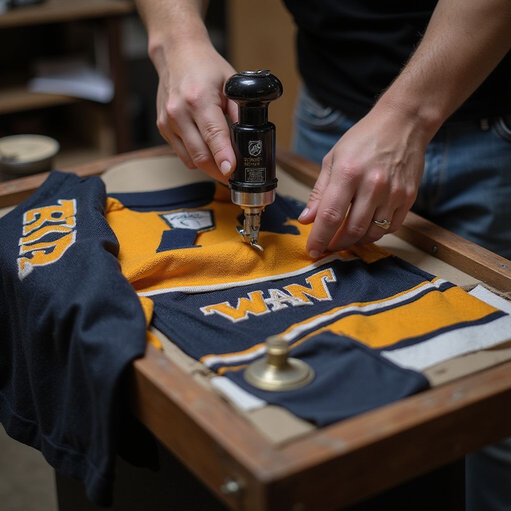 Hands pressing a heat press on a blue-and-gold sports jersey in a wooden frame