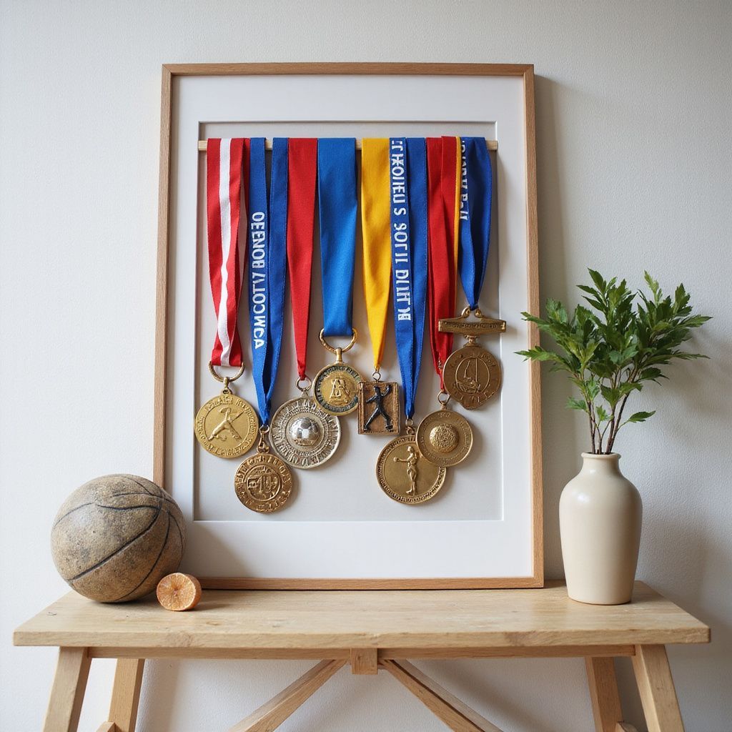 Framed medals with blue, red, and gold ribbons displayed on a wooden table beside a vase and plant