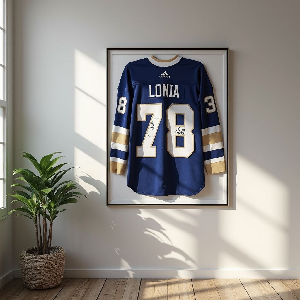 Framed blue football jersey with number 78 and “LONIA,” hanging on a white wall beside a potted plant.