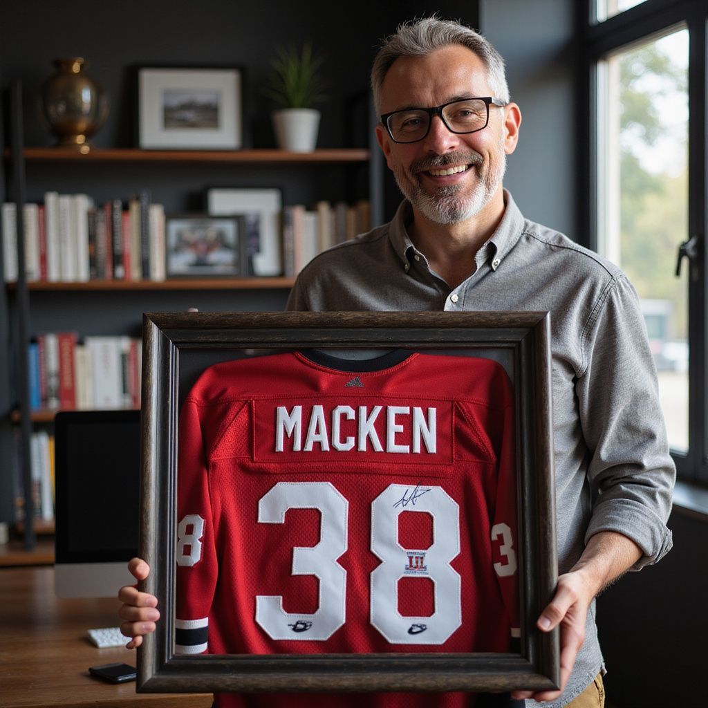 Man holding framed red football jersey reading “MACKEN 38” in a home office