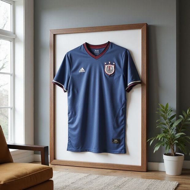 Blue soccer jersey framed on a wall in a bright room