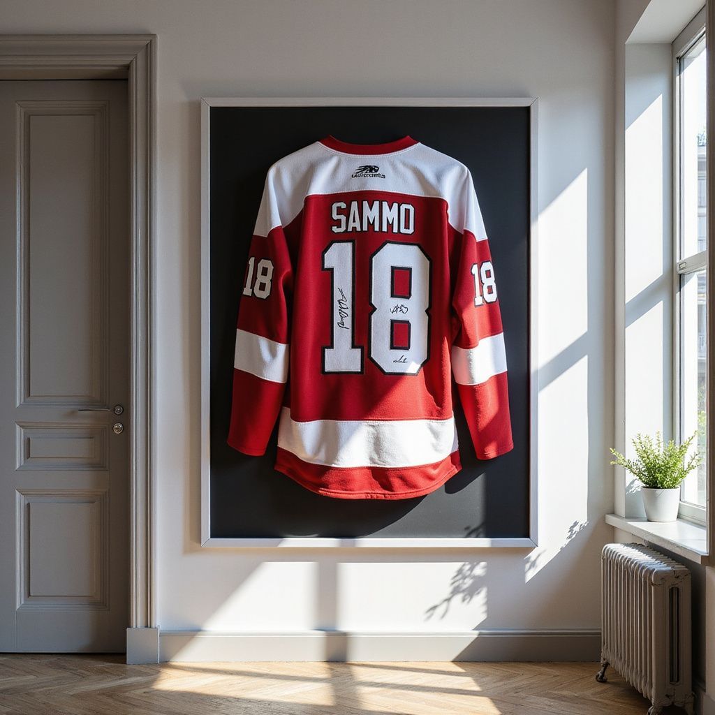 Framed red-and-white hockey jersey with number 18 and name SAMMO hanging in a bright room
