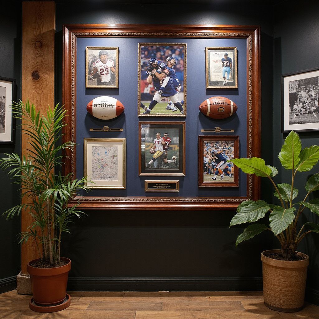 Framed sports memorabilia display with jerseys, balls, and photos on a dark wall, flanked by potted plants