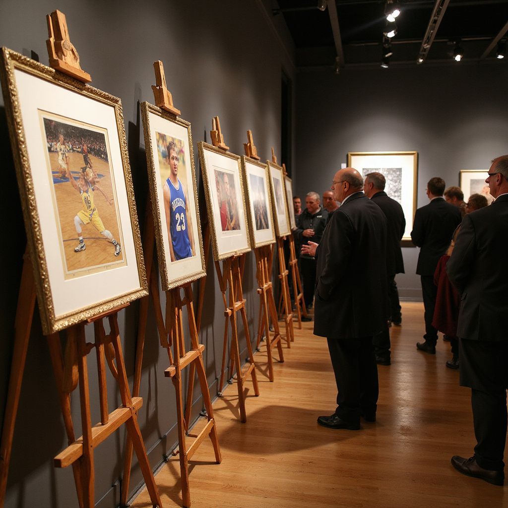 Art gallery exhibition with framed paintings on easels and visitors viewing them in a dimly lit room