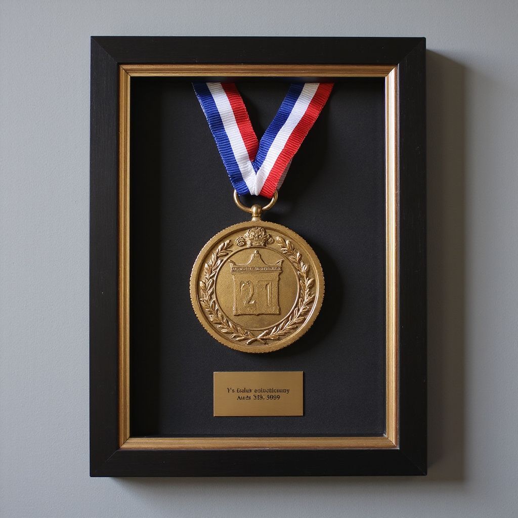 Framed gold medal with red, white, and blue ribbon on a black display plaque