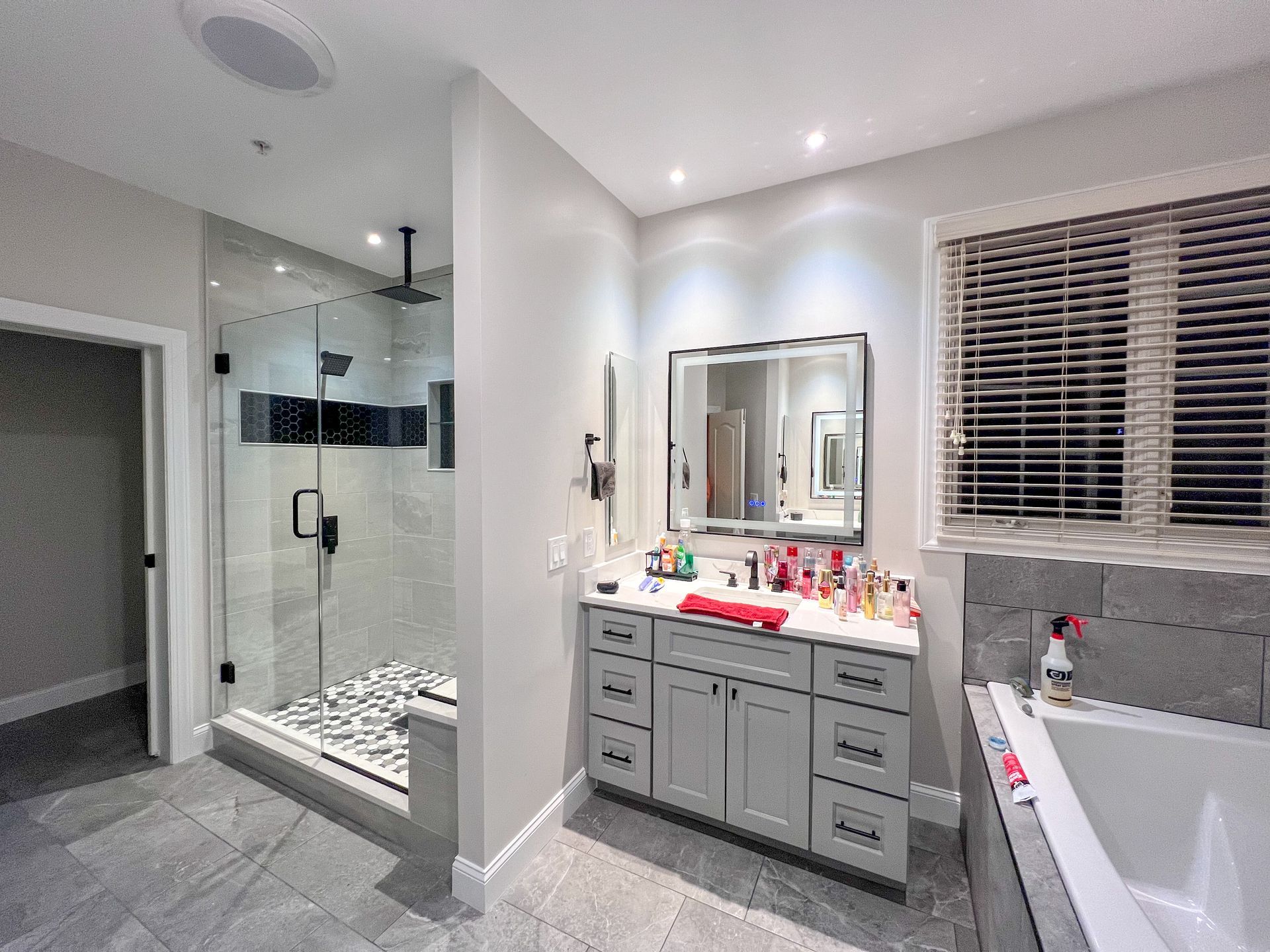 Modern bathroom renovation in Westminster, MD, featuring a spacious walk-in shower.