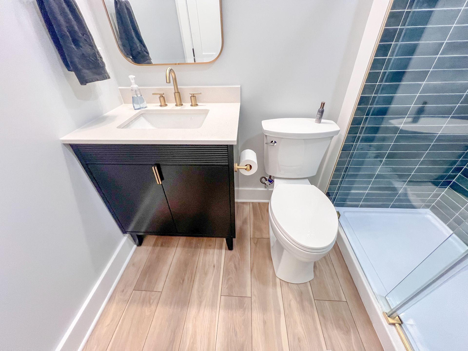 White toilet in a modern bathroom.