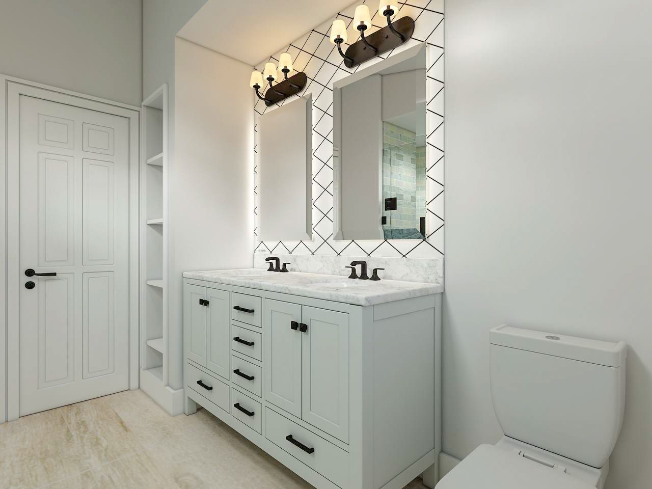 Visualization of a proposed bathroom remodel in Ellicott City, MD, showcasing a contemporary design with a double vanity.