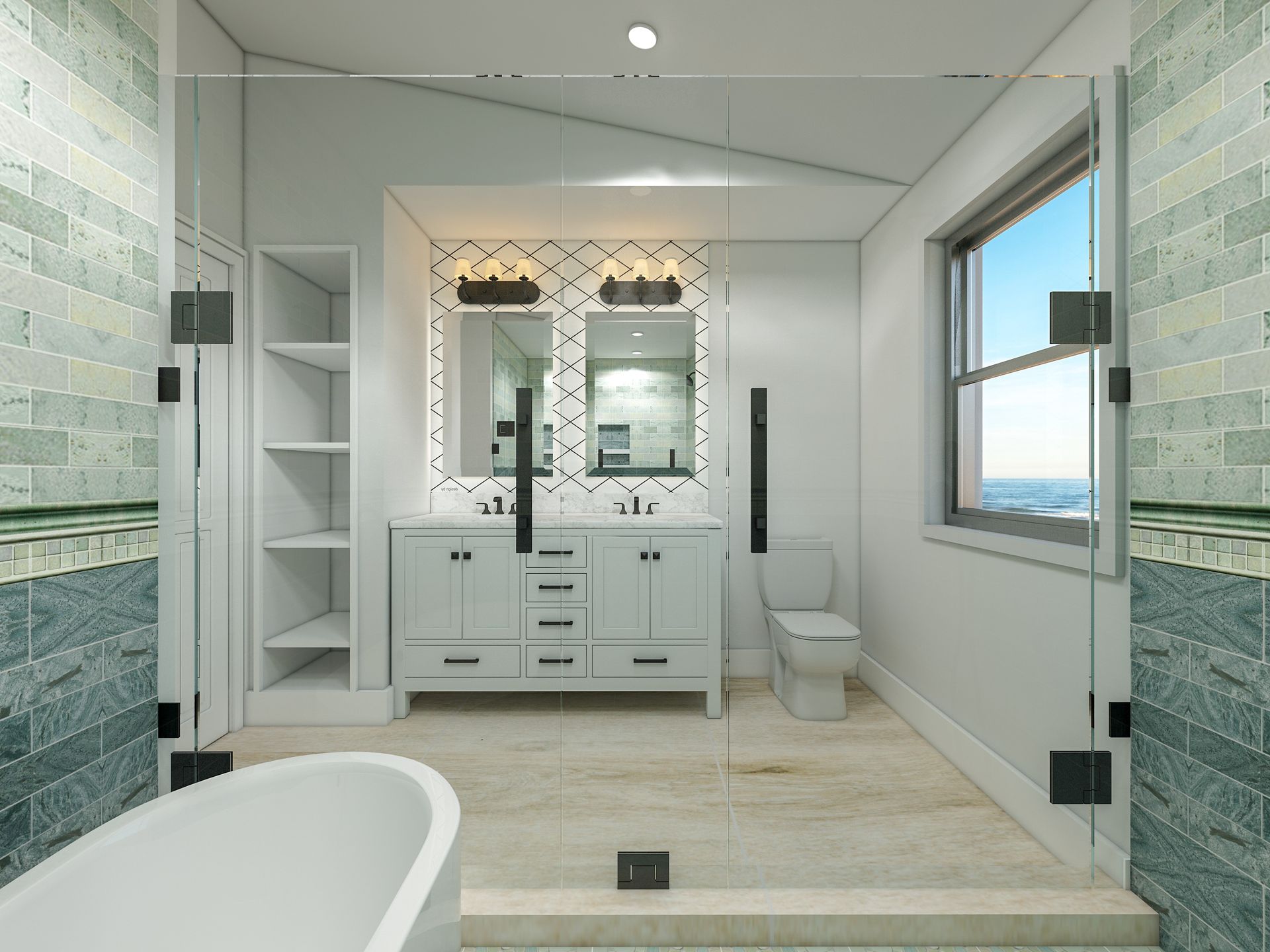 3D rendering of a modern bathroom design in Ellicott City, MD, featuring a freestanding tub and glass shower.