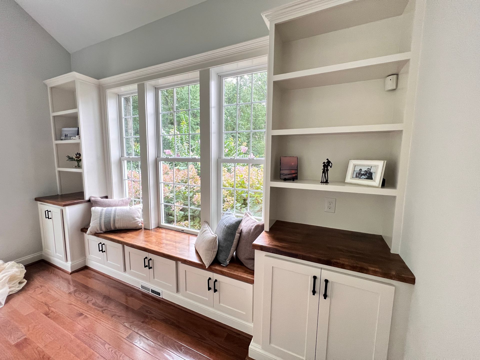 Reisterstown home renovation: custom built-in cabinetry with a butcher block countertop.