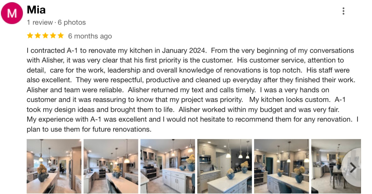 “Customer Review Screenshot – Excellent Kitchen Renovation Experience