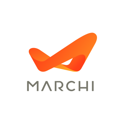 Um logotipo para a Marchi com uma marca de seleção laranja em um fundo branco