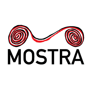 Um logotipo vermelho e preto para a mostra com duas espirais em um fundo branco.