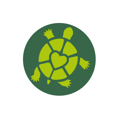 Uma tartaruga verde com um coração em seu casco está em um círculo verde.