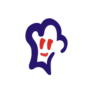 Um chapéu de chef azul com um rosto vermelho