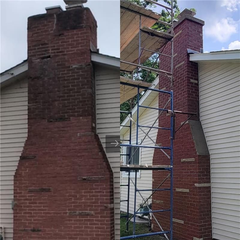 Comparison of a before-and-after chimney. Left, dirty; right, cleaned, and scaffolding. Red brick.