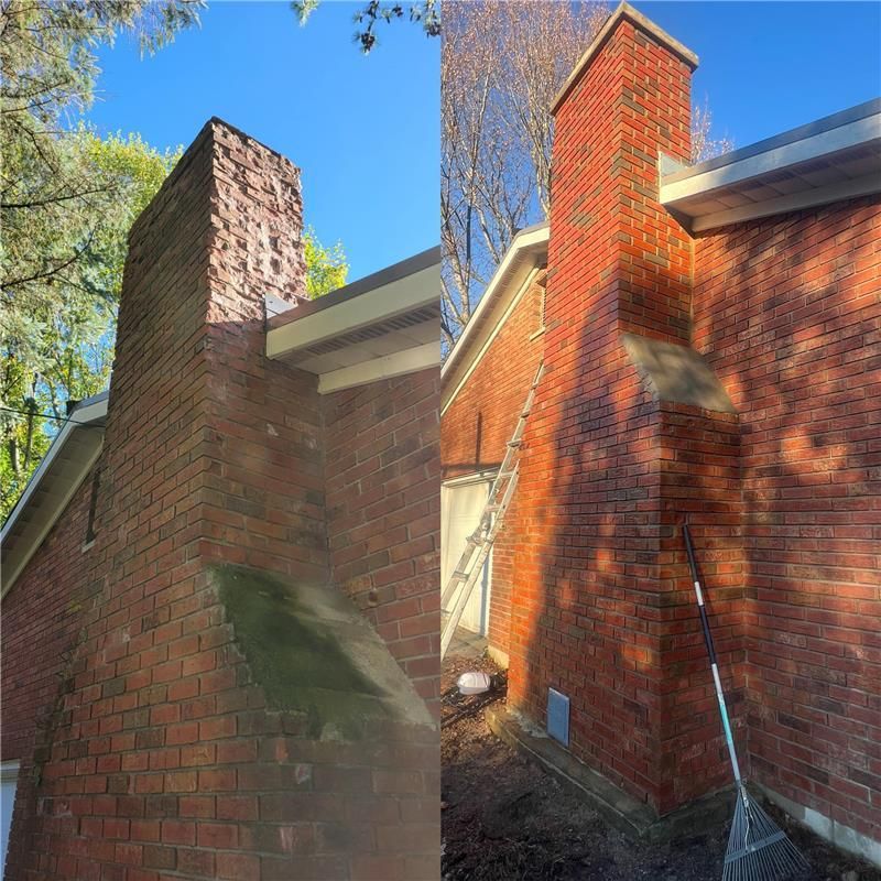 Before and after of a brick chimney. The left side is dirty, the right side is clean.