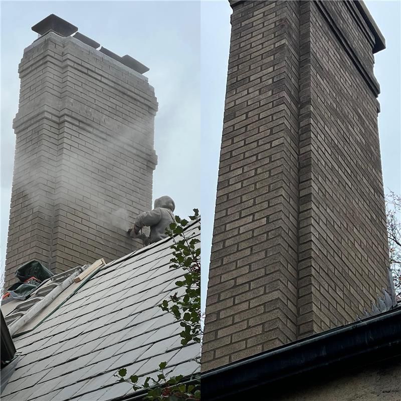 Two photos of a tall brick chimney. In the first, a worker is cutting the brick. The second shows the completed chimney.