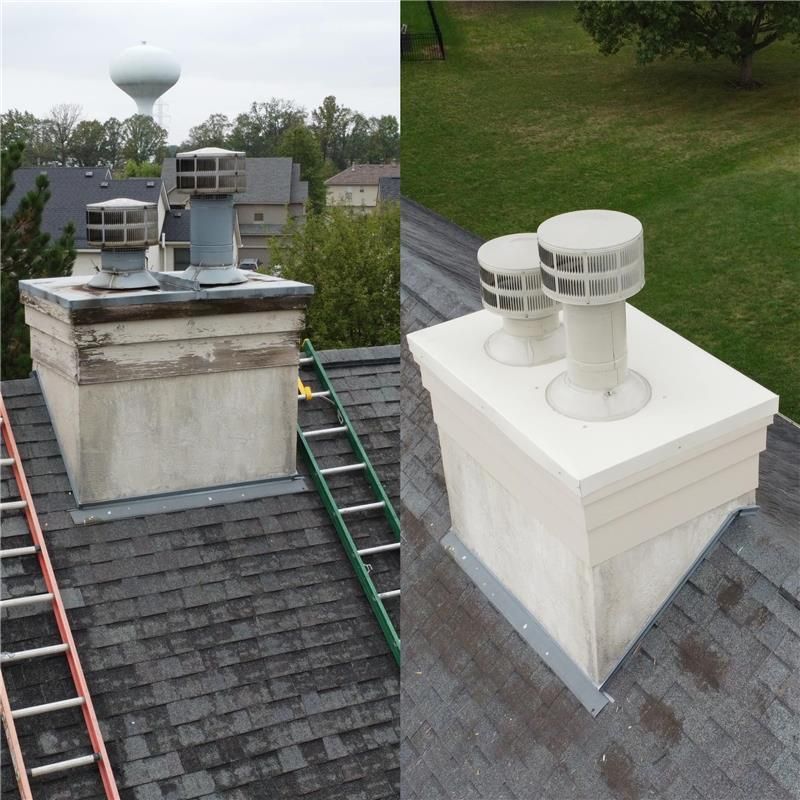 Two side-by-side images of a chimney. The left shows an older, weathered chimney; the right, a newer, cleaned version.