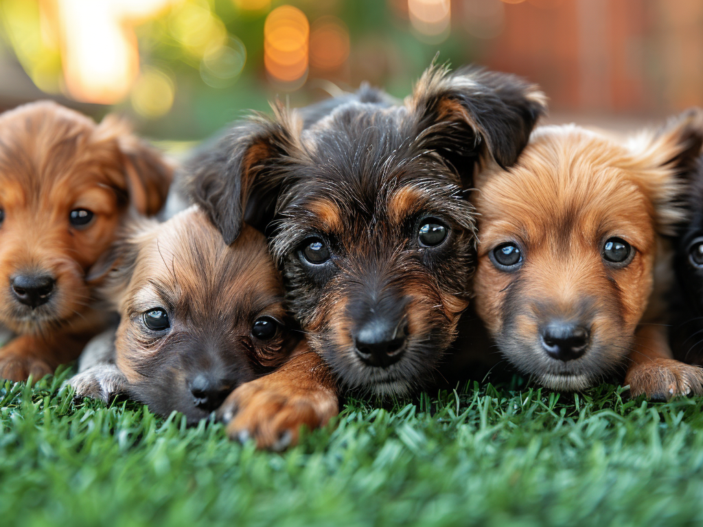 A small dog laying on the grass with a pet friendly logo in the corner