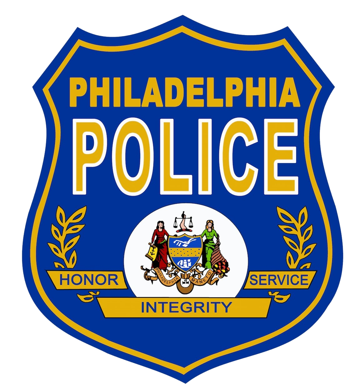 a blue and yellow philadelphia police badge on a white background