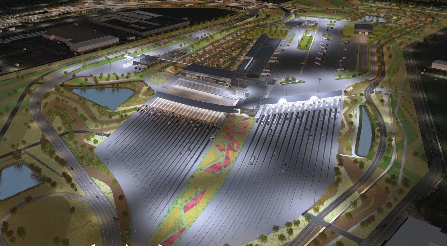 an aerial view of a large parking lot at night .