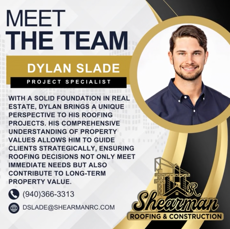 An ad for a roofing company says meet the team dylan slade
