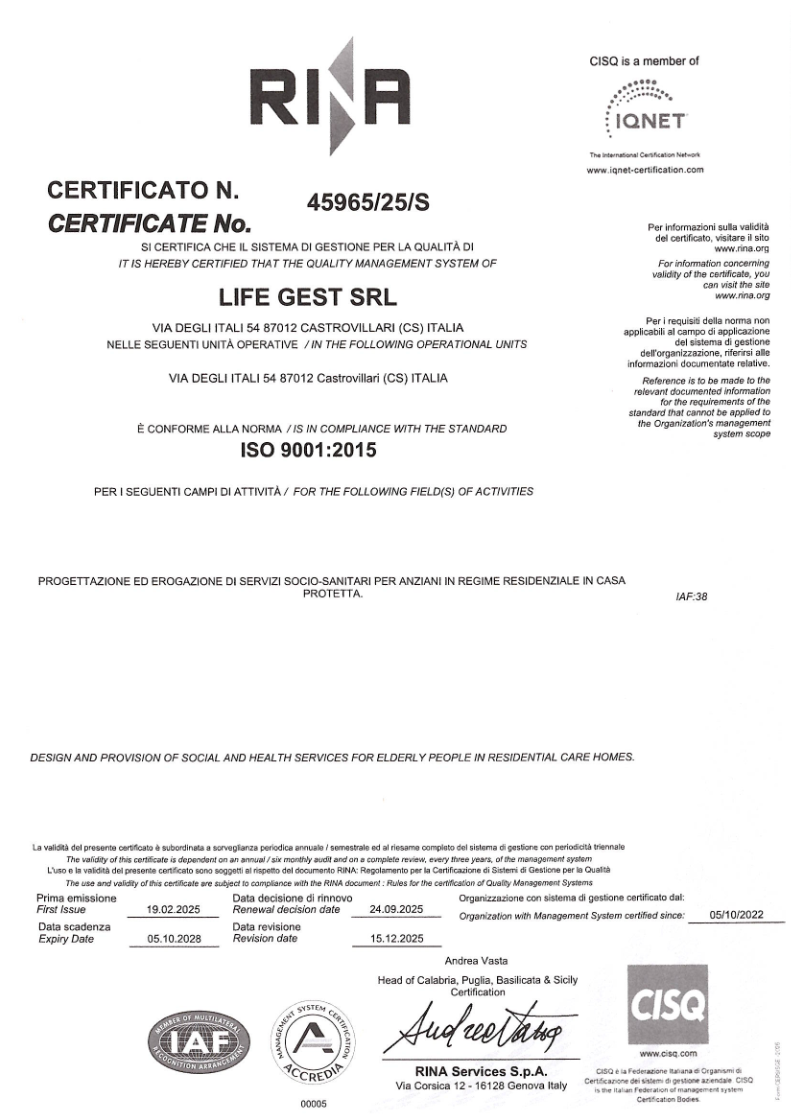 Certificazione di gestione della qualità ISO 9001:2015 rilasciata da Kiwa a Life Gest Srl (operante come Villa S. Maria).