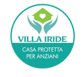 Logo per Villa Iride, una casa di riposo, raffigurante l'icona di una casa verde con un cuore sorretto da mani color verde acqua all'interno di un cerchio.