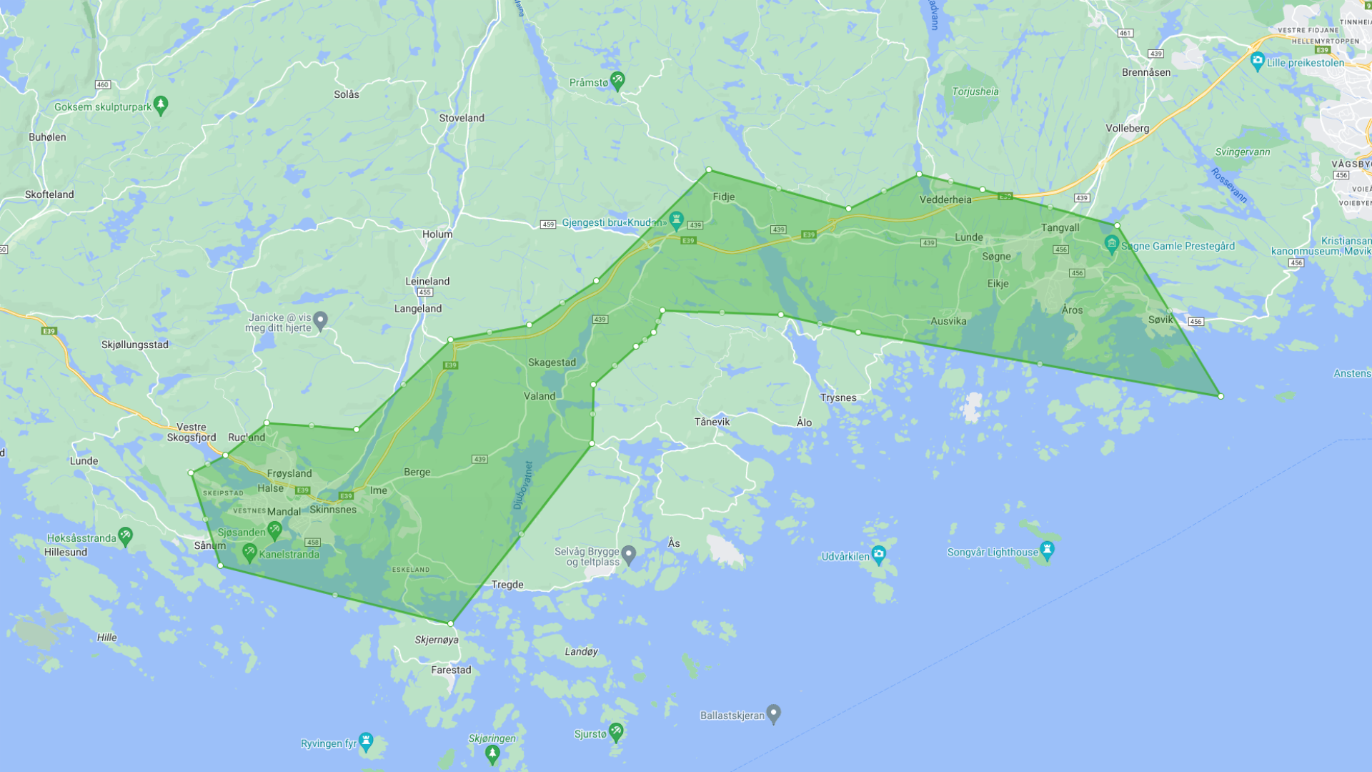 et kart over leveringssone Vest for Kristiansand til Ferdinands.no