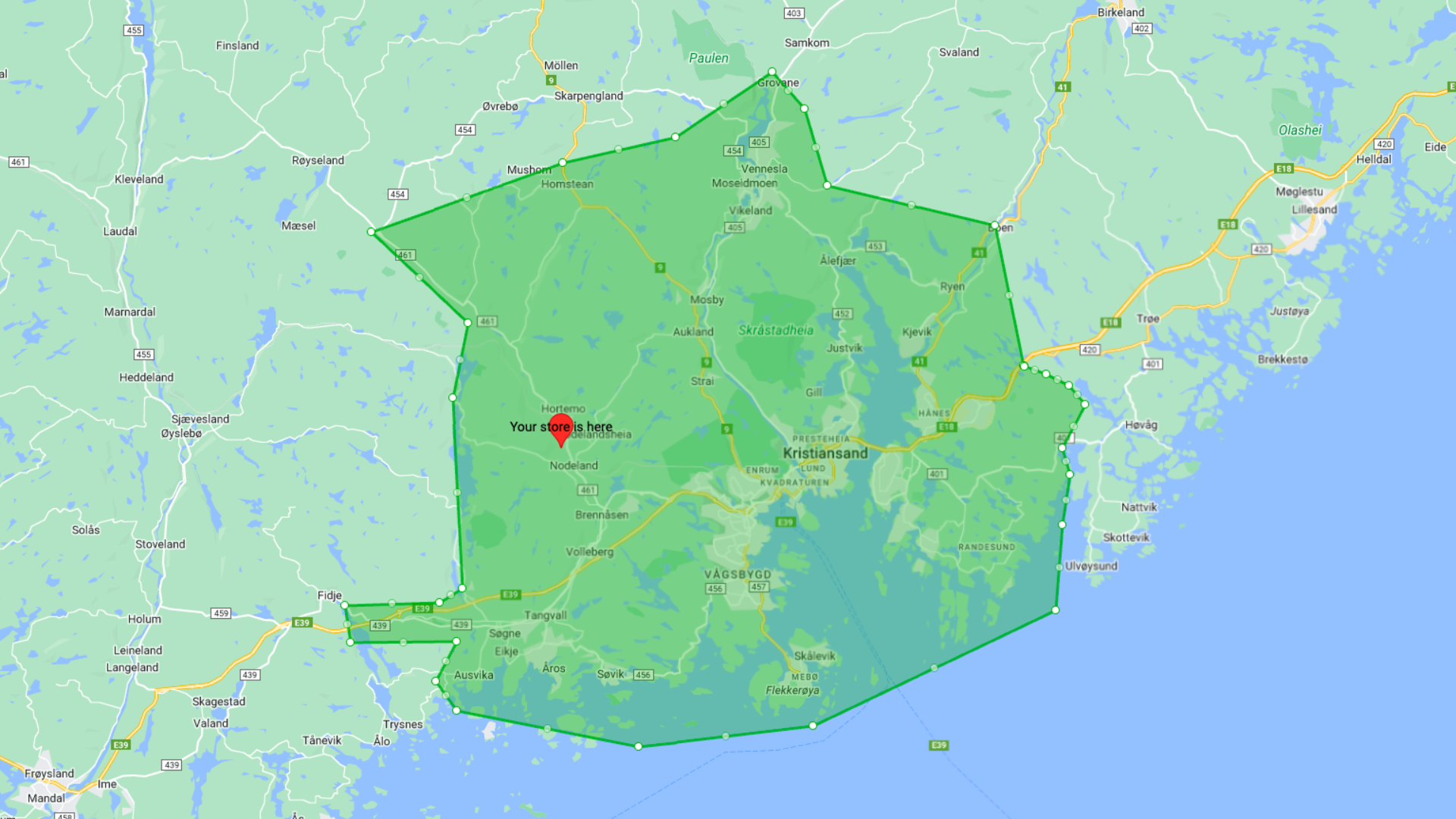 et kart over leveringssone Kristiansand og omegn til Ferdinands.no
