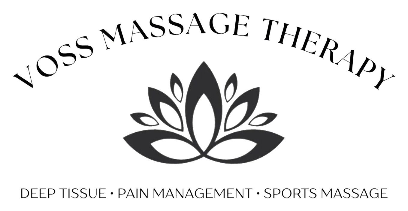 Voss Massage Therapy logo with lotus flower, featuring services: Deep Tissue, Pain Management, Sports Massage.