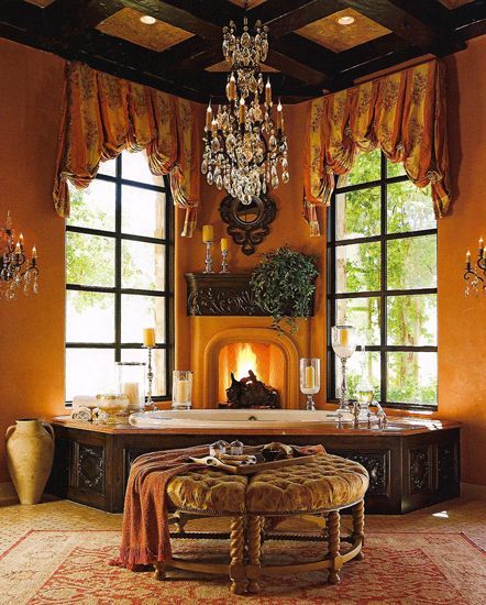 A bathroom with a fireplace and a bathtub