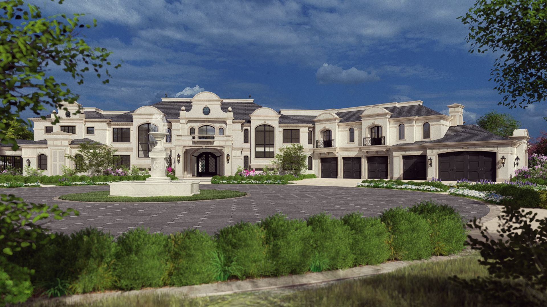 An artist 's impression of a large house with a lot of windows and a lot of trees in front of it.