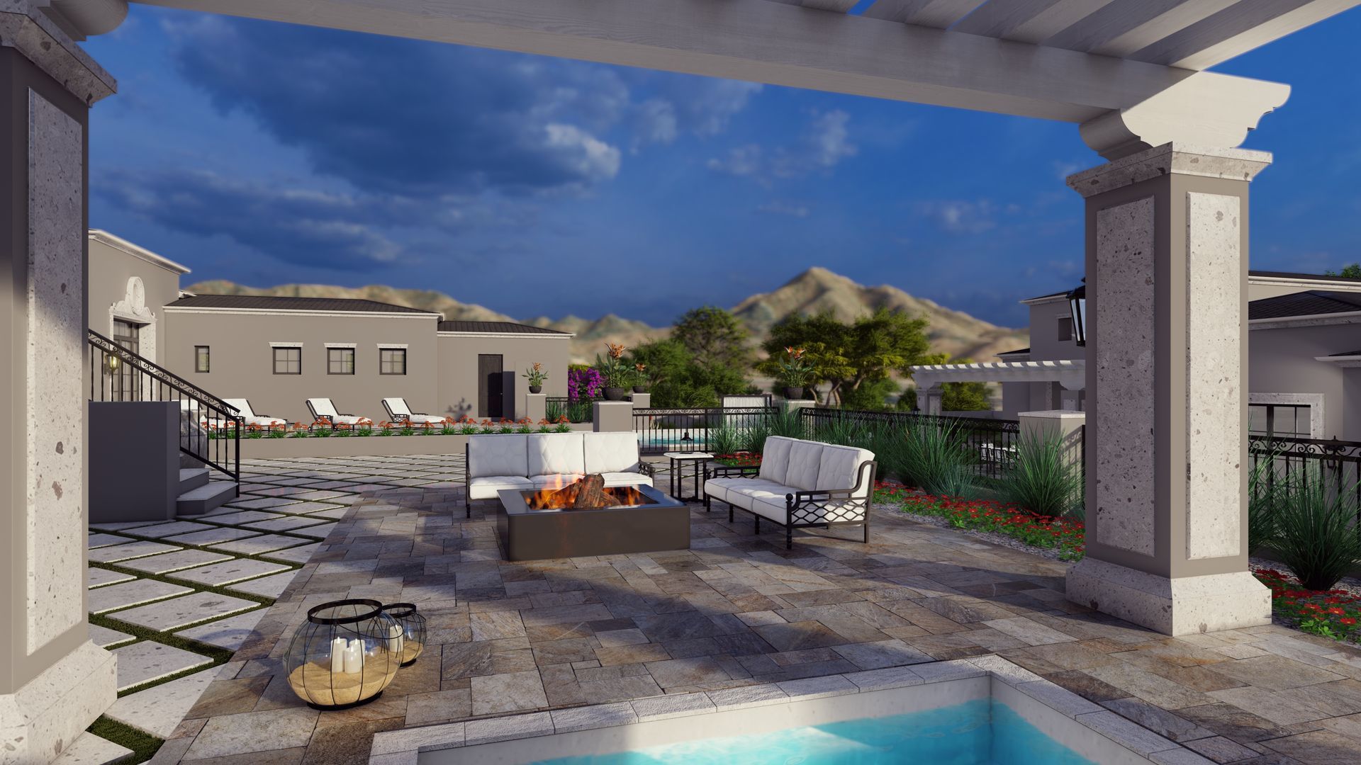 An artist 's impression of a patio with a fire pit and a pool.